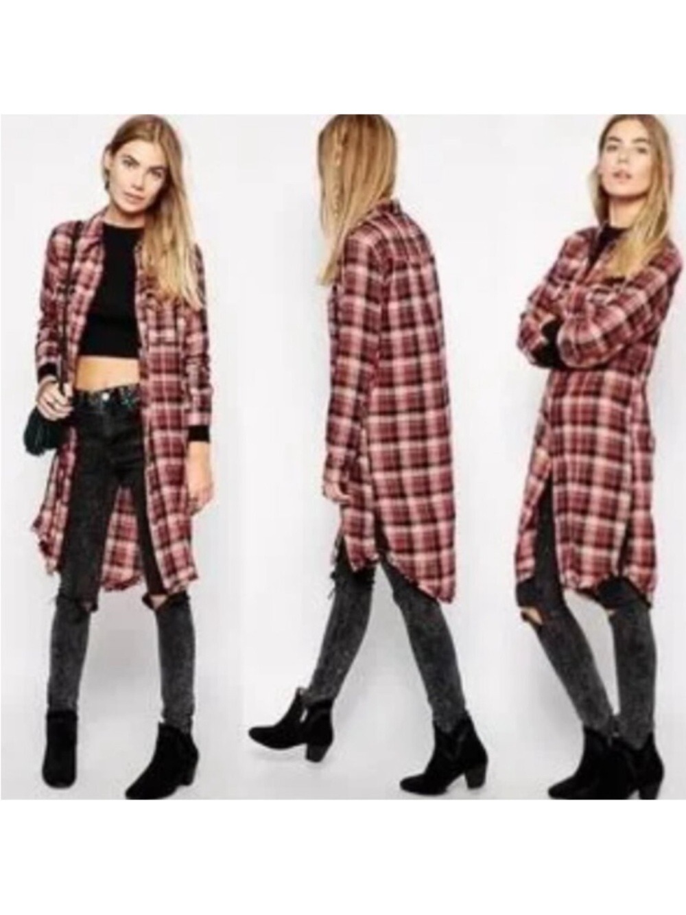 Free People Plaid Black & White Button Down Long Sleeve Shirt Dress - Medium